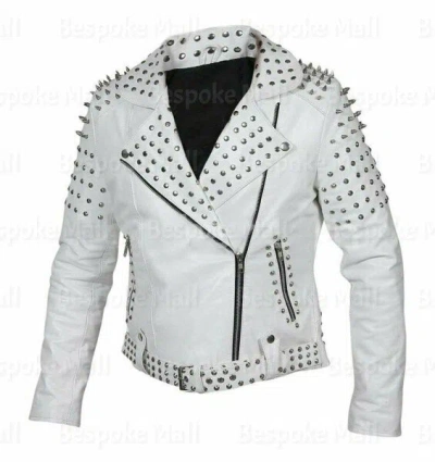 Pre-owned Handmade Woman' Full White Silver Spiked Studded Punk Brando Style Leather Jacket-915