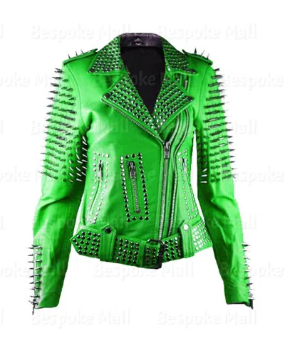 Pre-owned Handmade Woman Green Silver Spiked Studded Punk Rock Cowhide Biker Leather Jacket-378