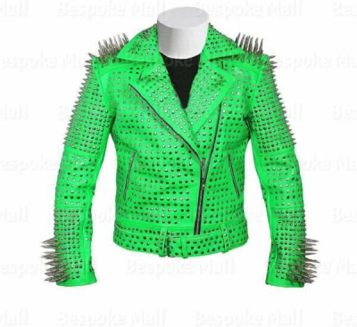 Pre-owned Handmade Woman's Green Silver Studded Punk Pockets Cowhide Biker Leather Jacket-256