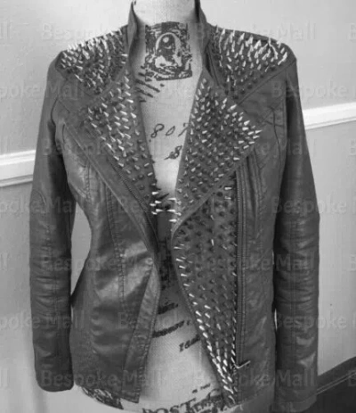 Pre-owned Handmade Woman's Grey Silver Spiked Top Quality Punk Unique Biker Leather Jacket-971