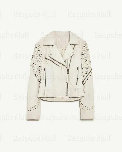 Pre-owned Handmade Woman Haif White Silver Studded Punk Unique Cowhide Biker Leather Jacket-924