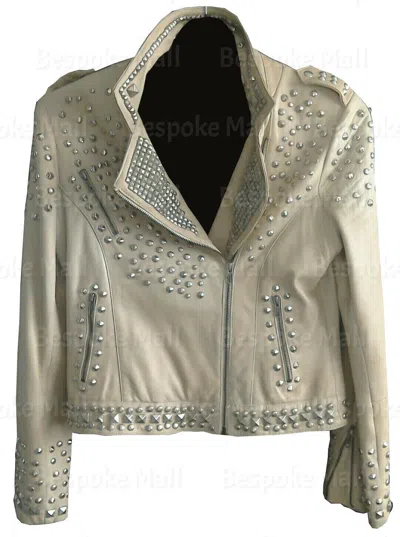 Pre-owned Handmade Woman  Cream Silver Studded Unique Cowhide Biker Leather Jacket-745 In White