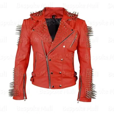 Pre-owned Handmade Woman's  Red Colour Silver Studded Cowhide Biker Leather Jacket-743
