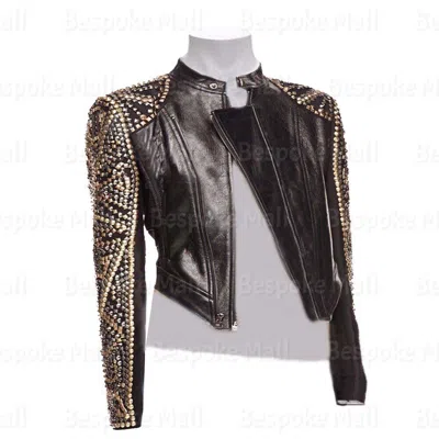 Pre-owned Handmade Woman  Silver Golden Studded Black Biker Leather Jacket-31