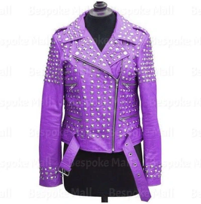 Pre-owned Handmade Woman's  Studded Studded Brando Purple Biker Leather Jacket -1034
