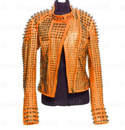 Pre-owned Handmade Woman's Orange Silver Spiked Studded Unique Cowhide Biker Leather Jacket-717