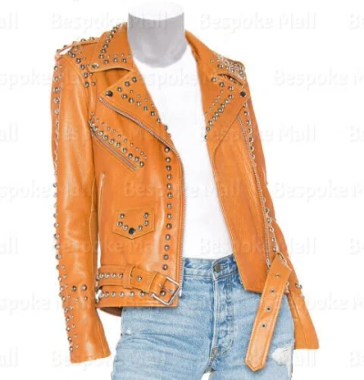 Pre-owned Handmade Woman's Orange Silver Studded Punk Rock Cowhide Biker Leather Jacket-385