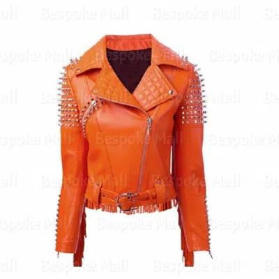 Pre-owned Handmade Woman's Orange Spiked Studded Punk Fringes Cowhide Biker Leather Jacket-412