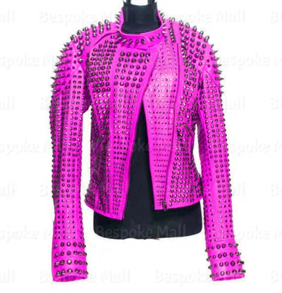 Pre-owned Handmade Woman's Pink Silver Spiked Studded Unique Cowhide Biker Leather Jacket-715
