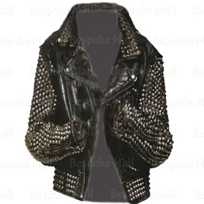 Pre-owned Handmade Woman Punk Black Silver Spike Studs Brando Unique Cowhide Leather Jacket-806