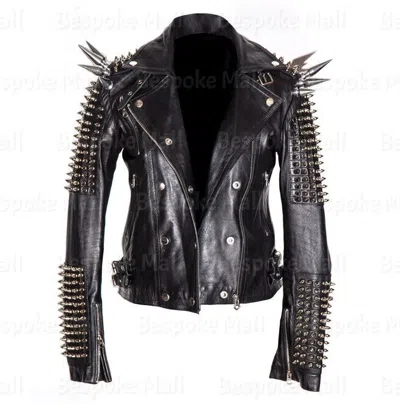 Pre-owned Handmade Woman's Punk Black Silver Spiked Studded Unique Biker Leather Jacket-801