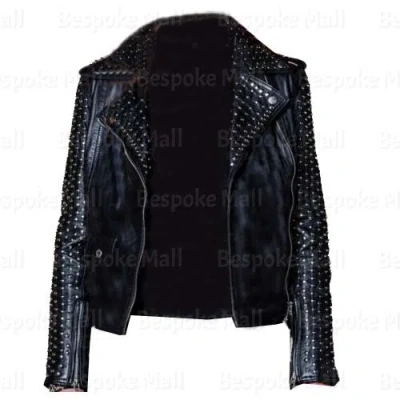 Pre-owned Handmade Woman Punk Black Silver Studded On Sleeves Brando Cowhide Leather Jacket-991