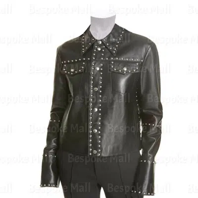 Pre-owned Handmade Woman Punk Black Studded Button Up Cowhide Biker Leather Jacket-379