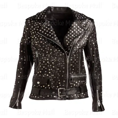 Pre-owned Handmade Woman's Punk Full Black Studded Oversized Leather Biker Jacket-299
