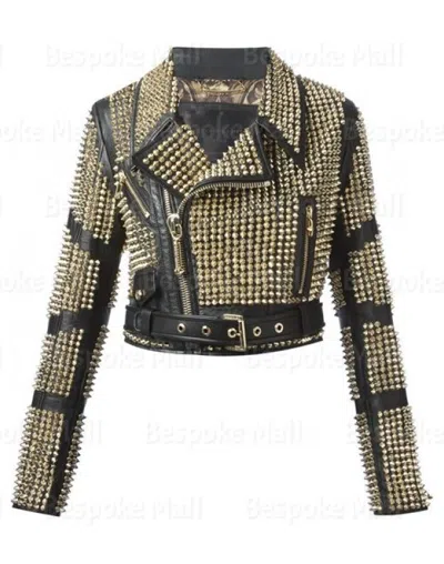 Pre-owned Handmade Woman Punk Full Golden Studded Black Punk Unique Biker Leather Jacket-15