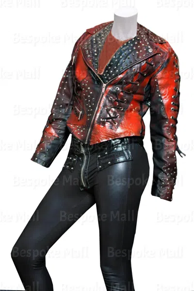 Pre-owned Handmade Woman's Punk Red Black Unique Spiked Studded Biker Brando Leather Jacket-476