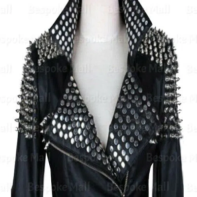 Pre-owned Handmade Woman Punk Rock Brando Silver Spiked Studded Black Biker Leather Jacket-801