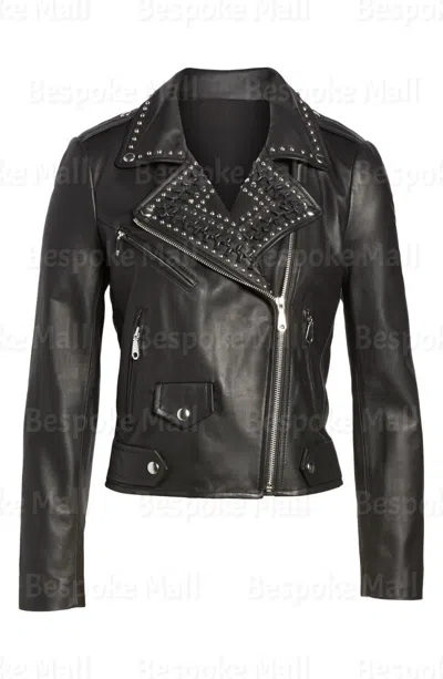 Pre-owned Handmade Woman's Punk Rock Star Silver Studded Brando Style Real Leather Jacket-454