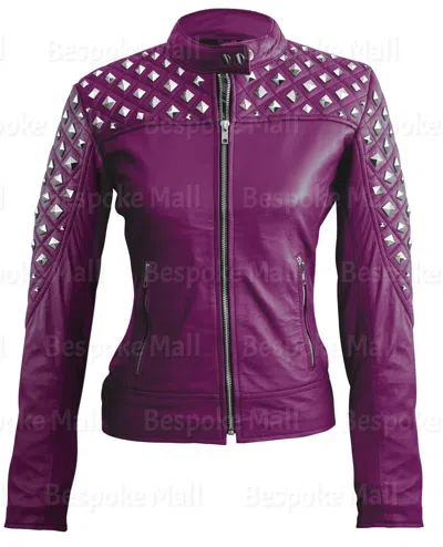 Pre-owned Handmade Woman's Purple Quilted Silver Studded Cowhide Biker Real Leather Jacket-981