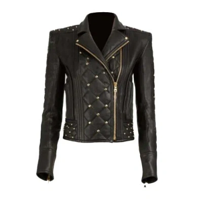 Pre-owned Handmade Woman's Quilted Golden Studded Brando Style Black Cowhide Leather Jacket-906