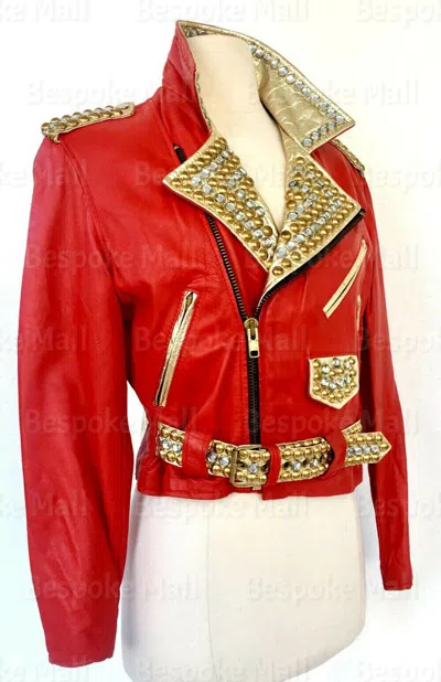 Pre-owned Handmade Woman Red Golden Studded Punk Unique Cowhide Biker Leather Jacket Belted-719