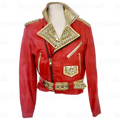 Pre-owned Handmade Woman Red Golden Studded Punk Unique Cowhide Biker Leather Jacket Belted-767