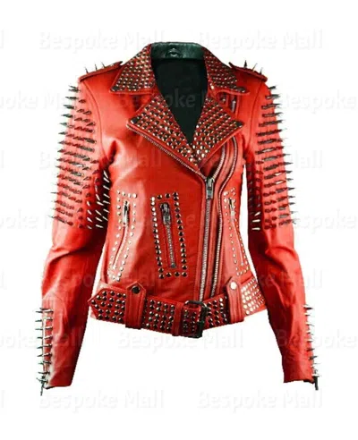 Pre-owned Handmade Woman's Red Silver Spiked Studded Punk Rock Cowhide Biker Leather Jacket-710