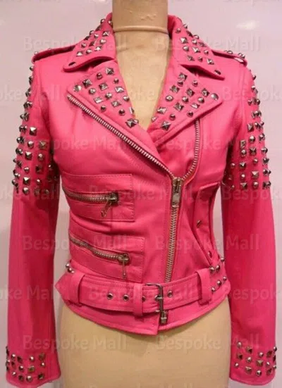 Pre-owned Handmade Woman Red Silver Studded Punk Unique Cowhide Biker Leather Jacket-1099