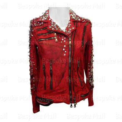Pre-owned Handmade Woman's Red Silver Studded Safety Pins Steam Punk Biker Leather Jacket-663