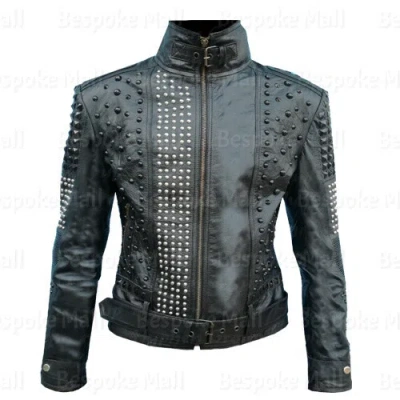 Pre-owned Handmade Woman's Silver Black Tonal Studded Punk Design Cowhide Leather Jacket-985