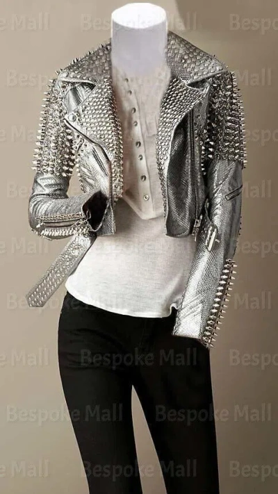 Pre-owned Handmade Woman Silver Brando Silver Studded Punk Snake Cowhide Leather Jacket-49