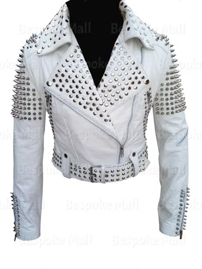 Pre-owned Handmade Woman's Silver Spiked Studded Brando Style Cowhide Biker Leather Jacket-286 In White