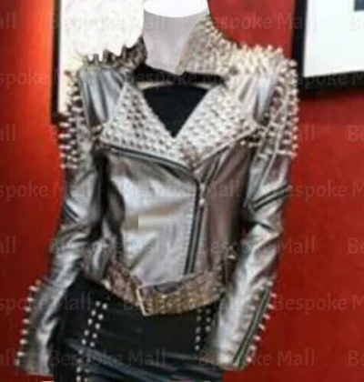 Pre-owned Handmade Woman's Silver Spiked Studded Punk Rock Top Quality Biker Leather Jacket-406