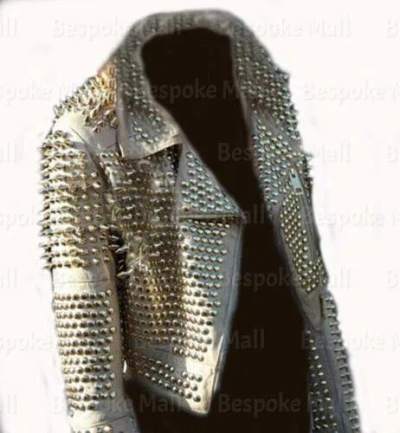 Pre-owned Handmade Woman's Silver Spiked Studded Punk Unique Cowhide Biker Leather Jacket-634