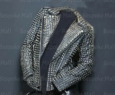 Pre-owned Handmade Woman's Silver Studded Punk Rock-star Cowhide Leather Jacket-364
