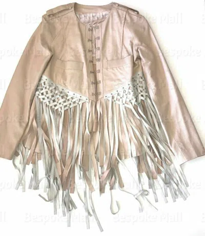 Pre-owned Handmade Woman's Silver Studded Punk Unique Fringes Cowhide Biker Leather Jacket-411 In White