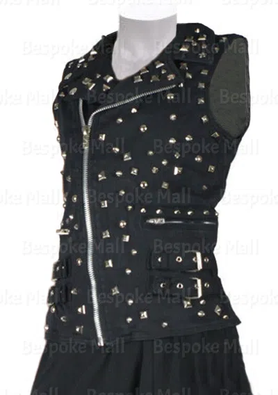 Pre-owned Handmade Woman's Silver Studded Punk Unique Zippered Cowhide Biker Leather Vest-400