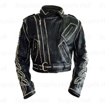 Pre-owned Handmade Woman's Stylish Black Brando Style Full Studded Cowhide Leather Jacket-608