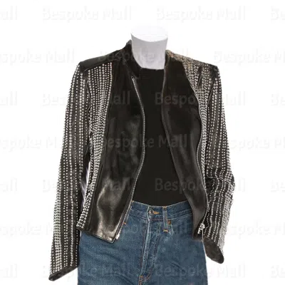 Pre-owned Handmade Woman's Stylish Black Brando Style Silver Studded Cowhide Leather Jacket-447