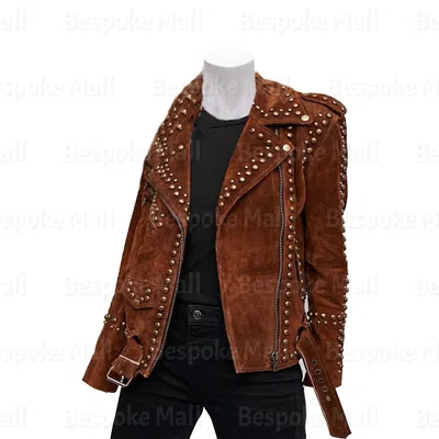 Pre-owned Handmade Woman Western Native American Brown Golden Studded Suede Leather Jacket-478