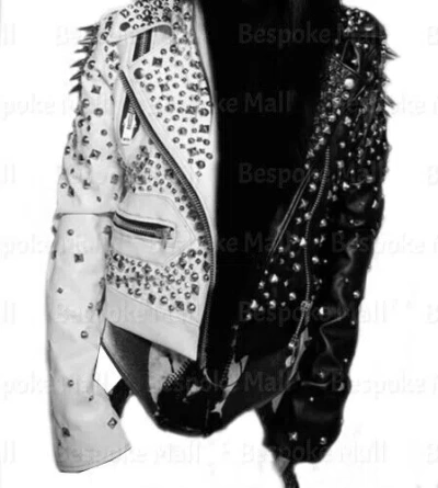 Pre-owned Handmade Woman's White Black Silver Long Spiked Studded Biker Leather Jacket-1087