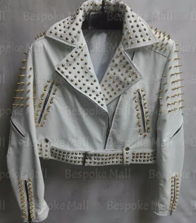 Pre-owned Handmade Woman's White Brando Style Golden Spiked Studded Biker Leather Jacket-295