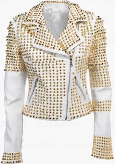 Pre-owned Handmade Woman's White Golden Spiked Studded Punk Unique Cowhide Leather Jacket-734