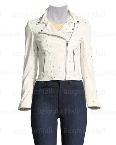 Pre-owned Handmade Woman White Silver Star Multi Studded On Back Cowhide Leather Jacket-257