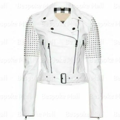Pre-owned Handmade Woman's White Silver Studded Punk Unique Quality Biker Leather Jacket-733