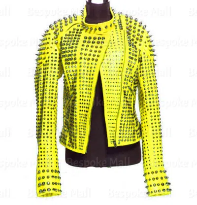 Pre-owned Handmade Woman's Yellow Silver Spiked Studded Punk Unique Cowhide Leather Jacket-713