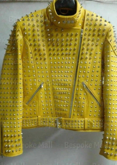 Pre-owned Handmade Woman's Yellow Silver Spiked Studded Unique Cowhide Biker Leather Jacket-737