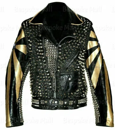 Pre-owned Handmade Womans Black Silver Studs Gold Printed On Sleeves Patches Leather Jacket-934