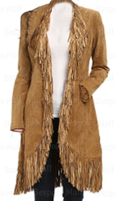 Pre-owned Handmade Women's American Brown Western Style Suede Leather Fringed Long Coat-1010