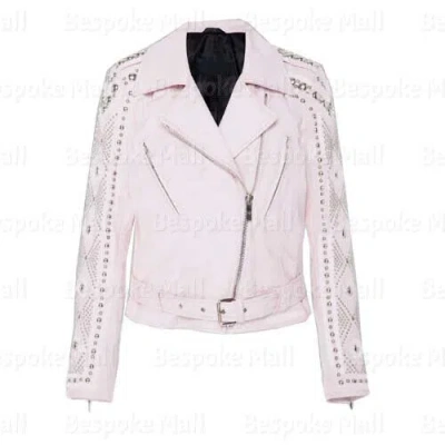 Pre-owned Handmade Women's Baby Pink Silver Studded Designed Punk Leather Jacket With Skirt-900 In White
